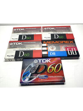 60 min Audio Cassette Blank Tapes - Lot of 5 TDK D60 x4, Memorex DB60 x1 - NEW